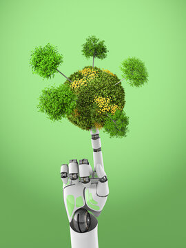 Three dimensional render of robotic arm balancing overgrown sphere on top of finger