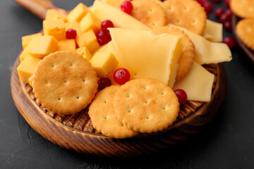 Platter with crunchy crackers and cheese on dark background