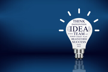 Create an original business concept by drawing a light bulb with words. On a blue background, a glowing light bulb represents an idea, innovation, and inspiration. 3d rendering