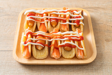 flat pancake roll with sausage and crab stick