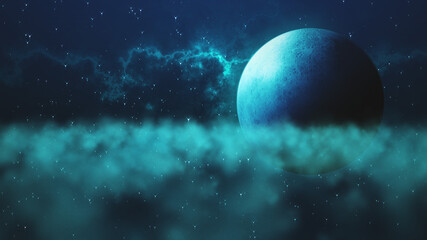 Abstract Dark Blue Spooky Above The Clouds With Moon And Cloudy Hazy Nebula Starry Night Sky Horror Shining Background