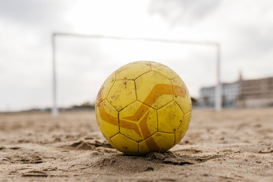 Ball and goal on the beach, El Vendrell, Tarragona, Spain