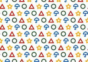 Seamless pattern of Circle, Triangle, Star, Umbrella shape. Isolated on white background.
