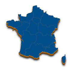 France map vector. High detailed administrative 3D map of France with dropped shadow. Vector blue isometric silhouette with administrative metropolitan regions.  All isolated on white background