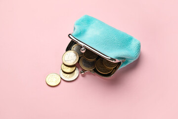 Blue wallet with coins on pink background - obrazy, fototapety, plakaty