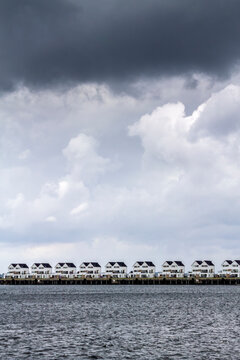 Row of holiday homeson a pier, Baltic Sea, Olpitz, Germany