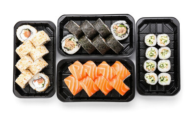 Composition with delicious sushi rolls on white background