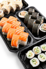 Composition with delicious sushi rolls on white background
