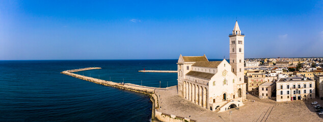 Italy, Province of Barletta-Andria-Trani, Trani, Helicopter panorama of Trani Cathedral and coastal harbor