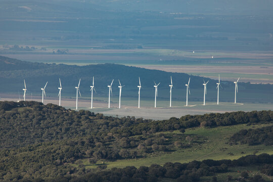Spain, Andalusia, Tarifa, row of wind wheels at landscape