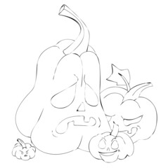 Pumpkins with carved sad and angry faces. Halloween illustration in doodle style. Vector stock illustration isolated on white background.