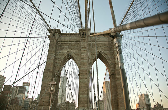 USA, New York, New York City, Cables ofÔøΩBrooklyn Bridge