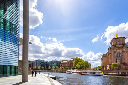 View to Reichstag River Spree in the foreground, Berlin, Germany