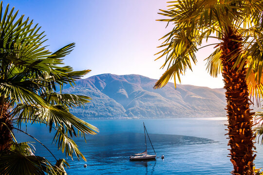 Sailing boat on Lago Maggiore, Ascona, Ticino, Switzerland