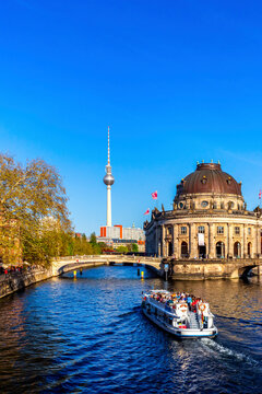 Germany, Berlin, Bode Museum, Berlin TV Tower and ship on Spree