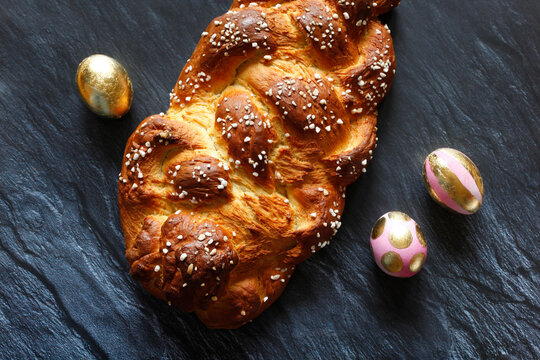 Homemade Easter plait and Easter eggs, from above