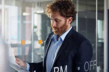 Portrait of businessman reading papers in office