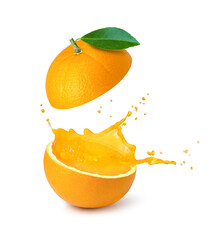 Fresh half of ripe orange fruit with orange juice splash isolated on white background
