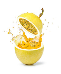 Passion fruit juice splashing isolated on white background.