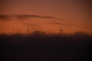 Spain, Province of Cadiz,ÔøΩTarifa, Silhouettes of wind turbines standing against moody sky at foggy dawn