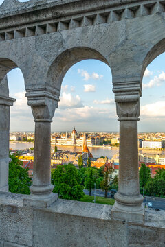 Hungary, Budapest, Parliament building seen from Fishermans Bastion
