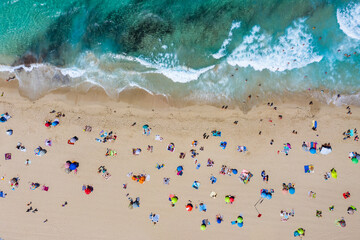 Spain, Mallorca, Cala Mesquida, Aerial view of people relaxing on Cala Agulla beach in summer