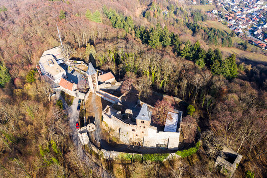 Germany, Hesse, Eberstadt, Aerial view of Frankenstein Castle in autumn