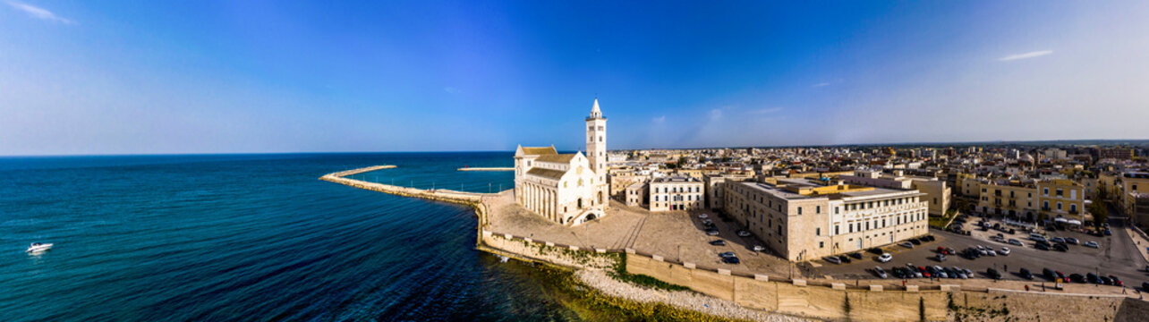 Italy, Province of Barletta-Andria-Trani, Trani, Helicopter panorama of Trani Cathedral and coastal harbor