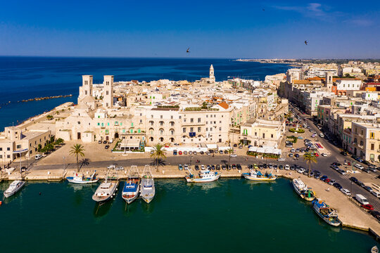 Italy, Province of Bari, Molfetta, Drone view of Mediterranean old town in summer