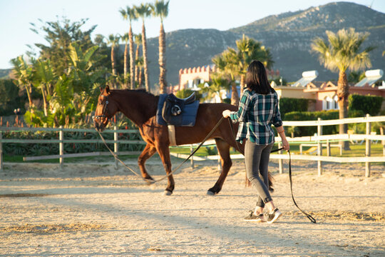 Spain, Tarifa, woman leading horse on riding ring