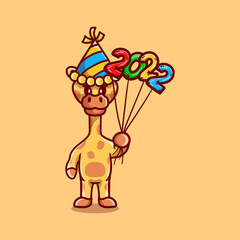 cute giraffe celebrating new year with 2022 balloons