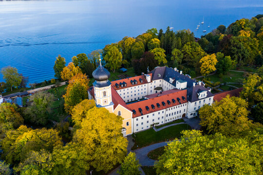 Germany, Bavaria, Bernried am Starnberger See, Drone view of Bernried Abbey at summer dusk
