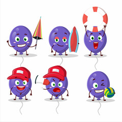 Happy Face purple balloons cartoon character playing on a beach