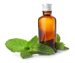 Cosmetic bottle with fresh mint on white background