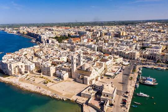 Italy, Province of Bari, Molfetta, Drone view of Mediterranean old town in summer