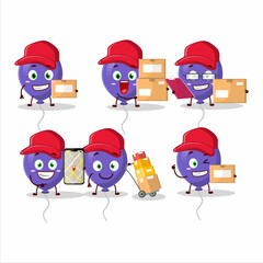 Cartoon character design of purple balloons working as a courier