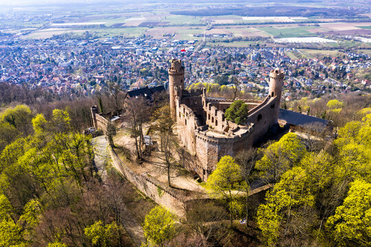 Germany, Hesse, Bensheim, Helicopter view of Auerbach Castle in spring with town in background
