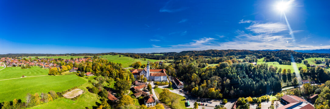 Germany, Bavaria, Dietramszell, Helicopter view of&Ocirc;&oslash;&Omega;Dietramszell&Ocirc;&oslash;&Omega;Monastery and surrounding rural town on sunny day