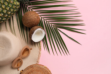 Composition with stylish hat, sunglasses and fruits on color background, closeup