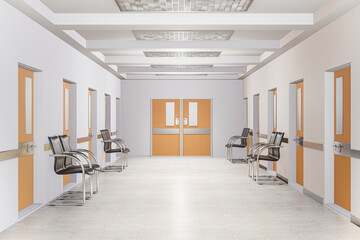 3D Hospital corridor with rooms, Medical concept - 3D illustration