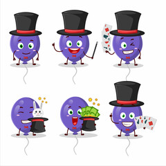 A purple balloons Magician cartoon character perform on a stage