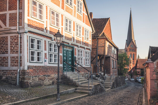 Half-timbered houses and Mary Magdalene church, Lauenburg, Schleswig-Holstein, Germany