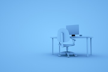 Office workplace concept with laptop mockup and other objects. Blue Contemporary Office. 3D Rendering.