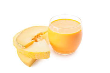 Glass of tasty melon milkshake on white background