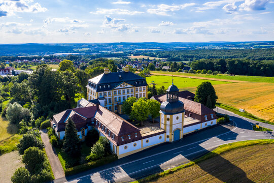Germany, Bavaria, Eggolsheim, Helicopter view of Schloss Jagersburg in summer