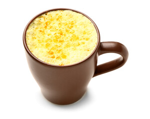 Cup of delicious homemade turmeric latte on white background