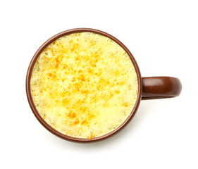 Cup of delicious homemade turmeric latte on white background