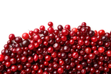 Heap of ripe cranberries on white background, closeup