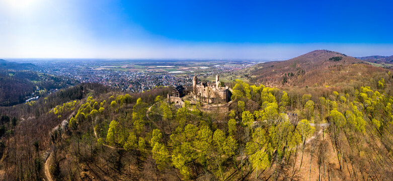 Germany, Hesse, Bensheim, Helicopter view of Auerbach Castle in spring with town in background