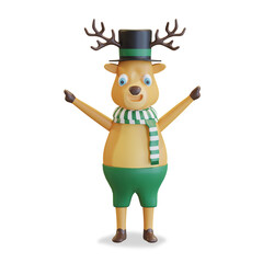 happy christmas deer wearing black hat and green striped scarf 3D illustration